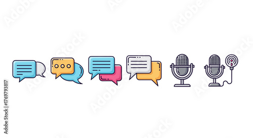 A collection of modern flat design icons representing communication and broadcasting, featuring speech bubbles in various colors and styles, alongside vintage and modern microphones, symbolizing