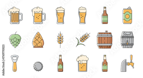 A vibrant collection of flat design line icons related to beer, featuring mugs, glasses, bottles, cans, hops, barley, barrels, bottle openers, and taps, perfect for infographics, articles, books