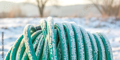 Frost on green garden hose covered with ice in winter landscape  