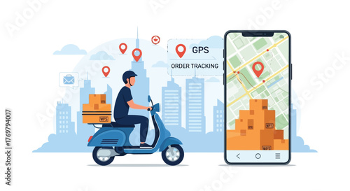 Vector illustration of delivery man on scooter with packages in city, tracking order on smartphone showing map and location, concept of fast and efficient delivery service