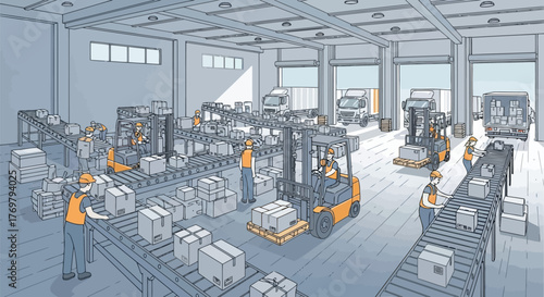 Vector illustration of busy warehouse interior with conveyor belts, forklifts, workers, and trucks, illustrating logistics, supply chain, and distribution operations