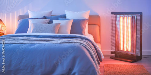 Cozy bedroom with space heater by bed, relaxing atmosphere in winter  
