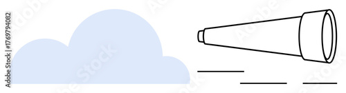Minimalist illustration of a telescope aimed past a cloud, representing exploration, focus, vision. Ideal for innovation, strategy, discovery, forecasting opportunity planning inspiration. Simple