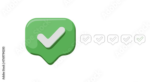 Vivid 3D illustration of a large green speech bubble with a white checkmark, symbolizing verification and approval, accompanied by a row of smaller, outlined speech bubbles each containing a