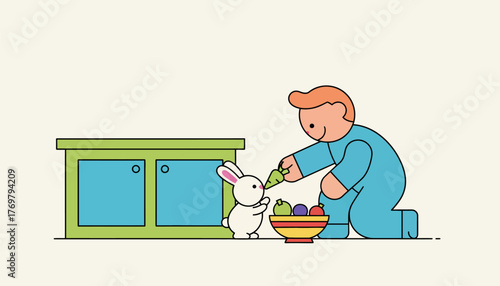 A child playfully feeding a bunny fresh vegetables from a colorful bowl in a bright kitchen.