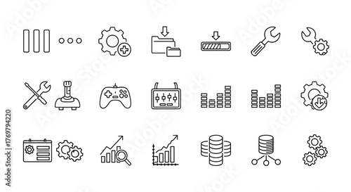 Vector set of editable line icons representing setup and configuration, including options, installation, tools, gears, control panels, equalizers, optimization, data storage, and more, perfect for