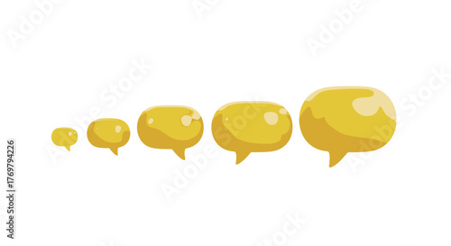 A set of five yellow 3D speech bubbles in ascending size, arranged in a line against a black background, symbolizing communication, conversation, and growth in digital interactions and online