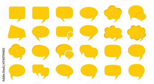 Collection of vibrant yellow speech bubbles and thought clouds in various shapes and sizes, perfect for graphic design, communication, and creative projects. This vector illustration features a