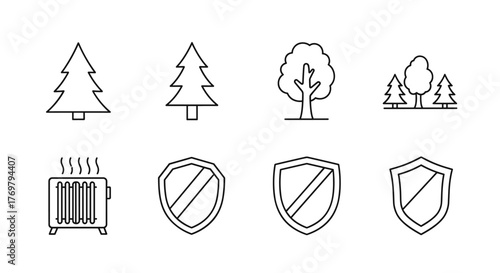 Set of vector illustrations featuring forest elements like pine trees, deciduous trees, and a cluster of trees, alongside shield icons and a radiator, all rendered with a clean, thin line style on a