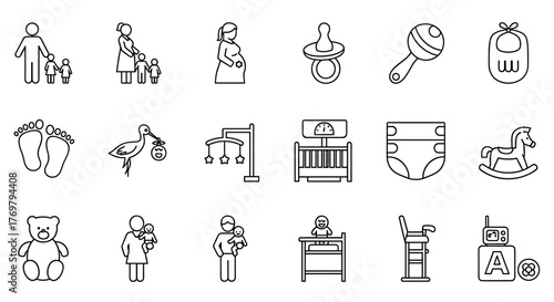 Family and Baby Thin Line Icon Set: A collection of outline signs and symbols representing parenthood, infant care, and childhood essentials, perfect for graphic design, web applications