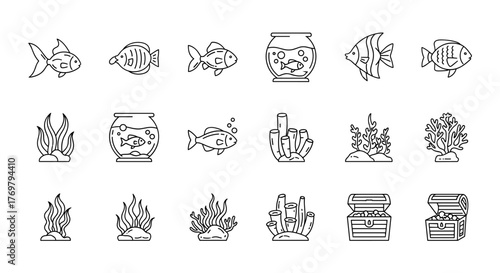 Collection of minimalistic linear pictograms featuring fish in aquariums, aquatic plants, coral reefs, and treasure chests, presented in a clean, white line art style on a black background, ideal for