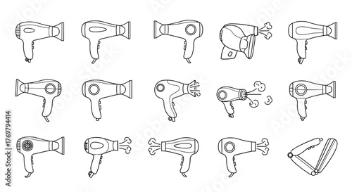 Collection of diverse outline hair dryer icons and illustrations, showcasing various models and styles for graphic design, web, apps, and advertising purposes, presented as a clean vector cartoon set