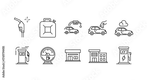Collection of minimalistic linear icons representing gas stations, fuel pumps, cars, and canisters, presented with editable strokes and a clean, modern design suitable for various digital