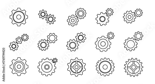 Collection of outline gear and cogwheel line icons, presented as a bundle for graphic and web design, apps, adverts, and various cards, featuring a cartoon illustration style with a white background