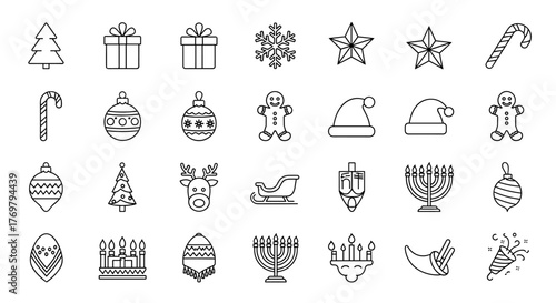 Collection of simple linear outline holiday icons, including Christmas trees, gift boxes, snowflakes, stars, candy canes, ornaments, gingerbread men, Santa hats, reindeer, sleighs, menorahs
