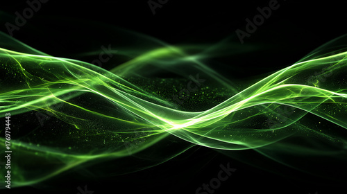Abstract green energy waves and light trails on black background, glowing futuristic motion with flowing digital texture.