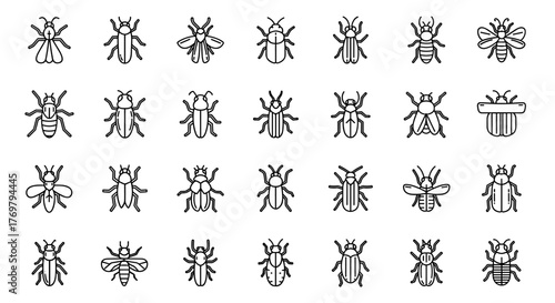 Collection of 28 Unique Insect Line Icons with Editable Stroke, Perfect for Infographics, Articles, Books, Flyers, and Banners, Vector Cartoon Illustration Featuring Diverse Arthropod Designs on a