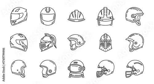 Collection of diverse helmet icons in a modern outline style, featuring racing helmets, construction hard hats, medieval knight helmets, and sports helmets, presented as a vector cartoon illustration