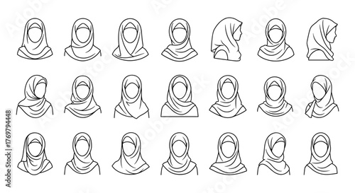Collection of diverse white line art illustrations of women wearing hijabs, showcasing various styles and angles against a stark black background, perfect for logos and icons representing Islamic