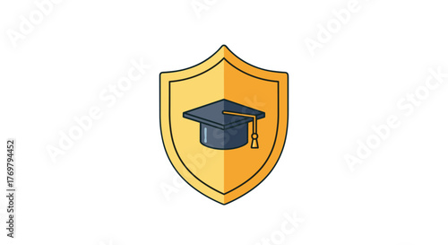 A stylized, modern graphic design featuring a golden shield emblem with a dark blue graduation cap inside, symbolizing education, protection, and academic achievement. This clean, vector illustration