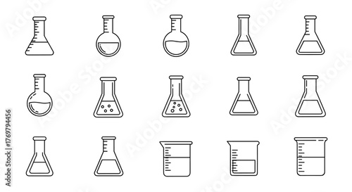 A collection of minimalistic, linear pictograms representing various laboratory flasks and beakers, rendered in a white outline style against a black background. This versatile vector illustration is