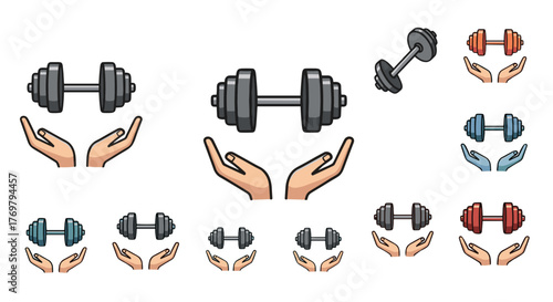 Set of isolated vector cartoon illustrations of dumbbells above open hands, symbolizing fitness, strength training, and healthy lifestyle, presented in various colors including grey, blue, orange