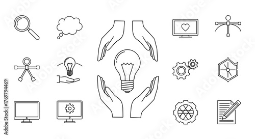 Conceptual illustration of innovation and creativity, featuring a glowing light bulb cradled between two protective hands, symbolizing ideas, inspiration, and new beginnings, set against a clean