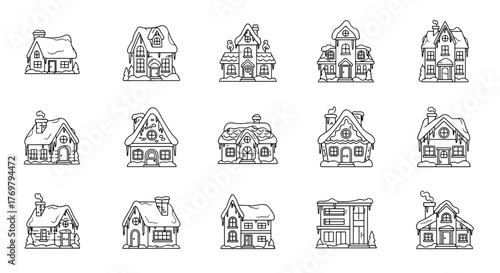 Collection of stylized, line-art illustrations of charming, snow-covered houses, perfect for graphic design, app icons, and cartoon-style vector graphics, evoking a wintery, cozy atmosphere.