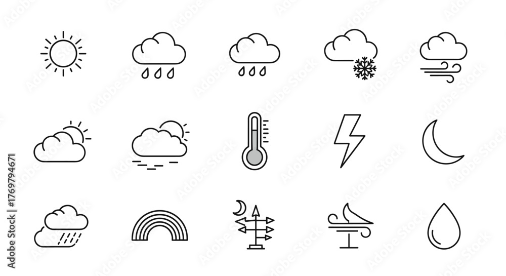 Fototapeta premium Collection of 15 editable line icons representing various meteorological phenomena and weather conditions, including sun, clouds, rain, snow, wind, lightning, moon, rainbow, and thermometer, suitable