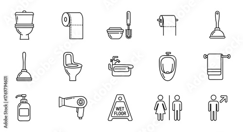 A comprehensive collection of thin line icons representing various bathroom and toilet essentials, perfect for web design, print materials, and digital applications. This editable stroke vector set