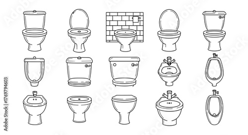 Collection of simple linear outline illustrations of various toilets and bidets, perfect for web, books, cards, and apps, presented on a black background with editable stroke for versatile design