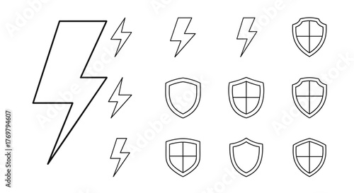 A collection of thin line icons featuring lightning bolts and shields, presented on a clean white background. This vector illustration set includes various styles of lightning and shield emblems