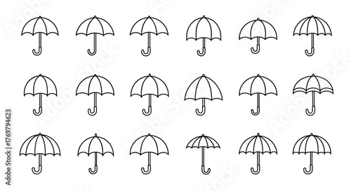 A collection of 15 simple line art illustrations of umbrellas, parasols, and bumbershoots, arranged in a 3x5 grid on a clean white background. This vector cartoon illustration is perfect for graphic
