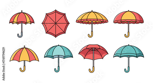 Collection of colorful umbrellas and parasols in a linear cartoon illustration style, featuring red, yellow, and teal designs with a black background, perfect for graphic design, web sites, cards