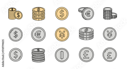 Collection of various currency coins, including dollar, euro, yen, and pound symbols, presented as clean line icons with editable strokes, perfect for infographics, articles, books, flyers, and