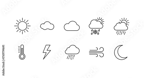 Set of linear style weather icons on a white background, featuring sun, clouds, rain, snow, thermometer, lightning, wind, and moon, perfect for meteorological or forecasting applications, conveying