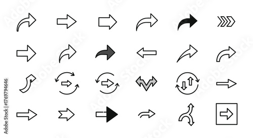 Collection of diverse arrow icons, including curved, straight, and directional pointers, presented as a bundle of related line art symbols. This vector illustration features outline signs suitable