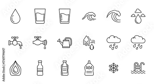 Set of 12 thin line icons representing water-related elements and concepts, including drops, glasses, and bottles, suitable for web, books, cards, and apps. This editable stroke vector cartoon