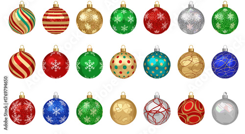 Vibrant collection of 18 multicolored Christmas bauble balls, featuring glitter, printed patterns, polka dots, stripes, snowflakes, and abstract designs in gold, red, green, blue, and silver, perfect