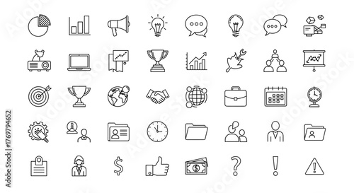 A comprehensive collection of thin vector icons related to business presentations, featuring a black and white kit with an ordered line icon set on a white background, perfect for digital and print