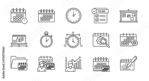 Vector illustration of a comprehensive date management line icon set, featuring editable elements for calendar, planning, scheduling, time tracking, to-do lists, and business analytics, presented on