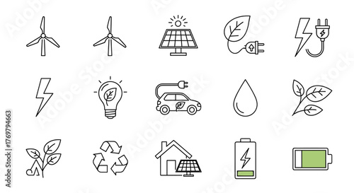 Set of simple line icons representing green energy and renewable resources, including wind turbines, solar panels, lightning bolts, lightbulbs, water drops, batteries, and recycling symbols, all
