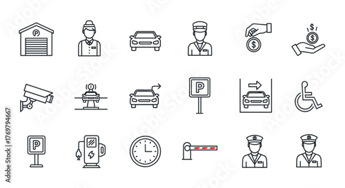 Parking line icon set, including garage, valet servant, paid parking, security camera, car lift, electric charging station, disabled parking, barrier, and more, ordered line icon set on white
