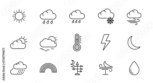 Collection of 15 editable line icons representing various meteorological phenomena and weather conditions, including sun, clouds, rain, snow, wind, lightning, moon, rainbow, and thermometer, suitable