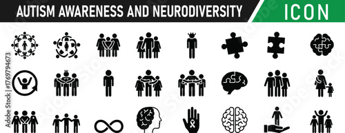 Autism awareness and neurodiversity support concept glyph icon set. Including Puzzle Piece, Brain, Heart, Infinity Symbol, Community, Support Hand, Neuron, Spectrum. Vector silhouette illustration