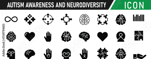 Autism awareness and neurodiversity support concept glyph icon set. Including Puzzle Piece, Brain, Heart, Infinity Symbol, Community, Support Hand, Neuron, Spectrum. Vector silhouette illustration
