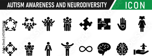 Autism awareness and neurodiversity support concept glyph icon set. Including Puzzle Piece, Brain, Heart, Infinity Symbol, Community, Support Hand, Neuron, Spectrum. Vector silhouette illustration