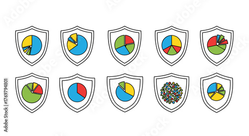 Set of ten diverse pie chart icons enclosed within shield outlines, presented in a vibrant, cartoonish vector illustration style. These graphics are perfect for web design, app development