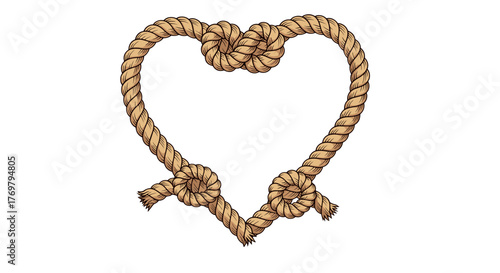 Heart shape formed by a thick, textured nautical rope, tied with intricate knots at the bottom and a central knot at the top, creating a love frame, isolated on a black background, vector