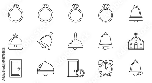 Collection of outline icons featuring rings, bells, a church, a door, and an alarm clock, perfect for infographics, articles, books, flyers, and banners, presented as editable stroke vector cartoon